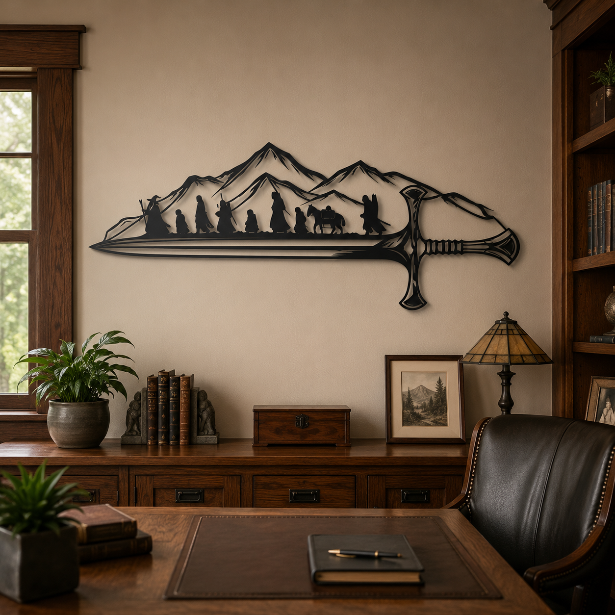 Fantasy sword silhouette metal wall art in black — epic fellowship steel decor