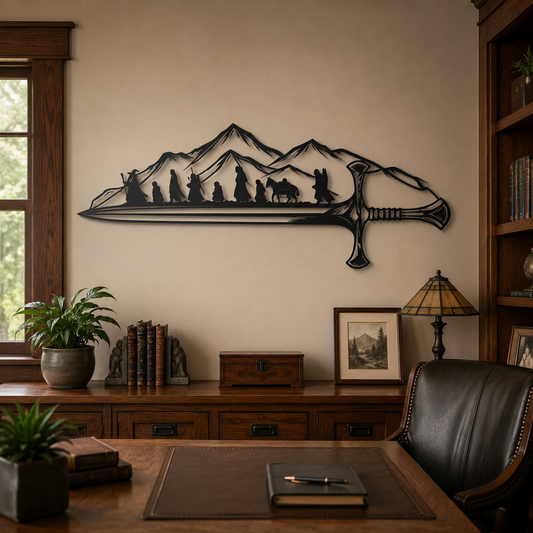 Fantasy sword silhouette metal wall art in black — epic fellowship steel decor