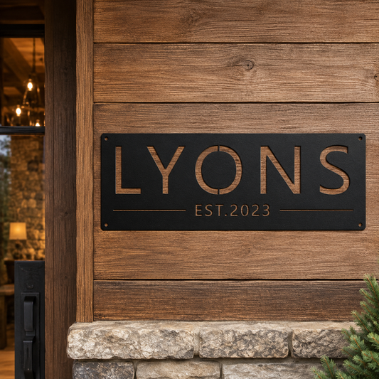 Custom family name sign — personalized last name and established year in plasma-cut steel