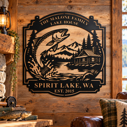 Custom lake house sign — personalized family name and trout fishing scene in plasma-cut steel