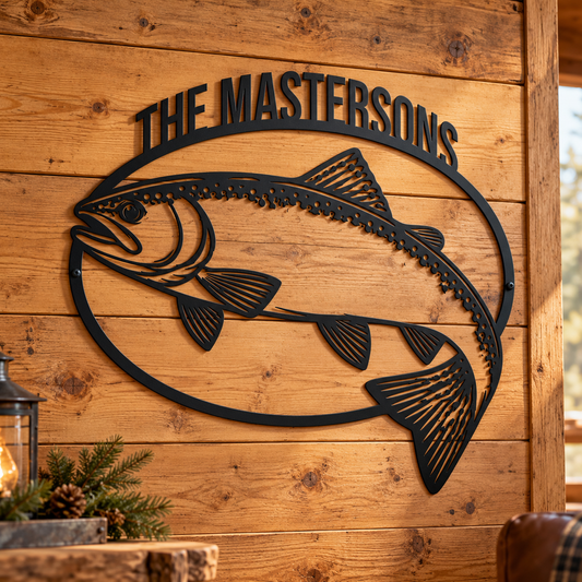 Custom trout fishing sign — personalized family name in plasma-cut steel