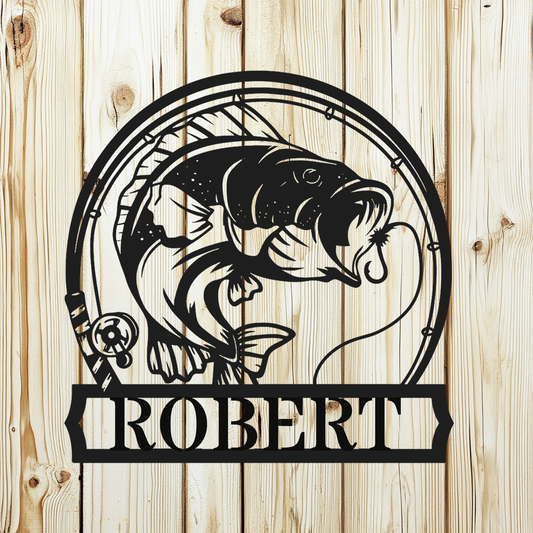 Personalized bass fishing metal sign with leaping largemouth and fishing rod in black powder-coated steel on natural wood wall