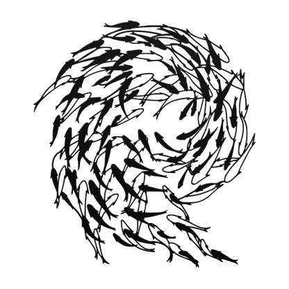 Close-up of 18-gauge steel fish wall art showing powder-coated black finish and precision laser-cut fish silhouettes