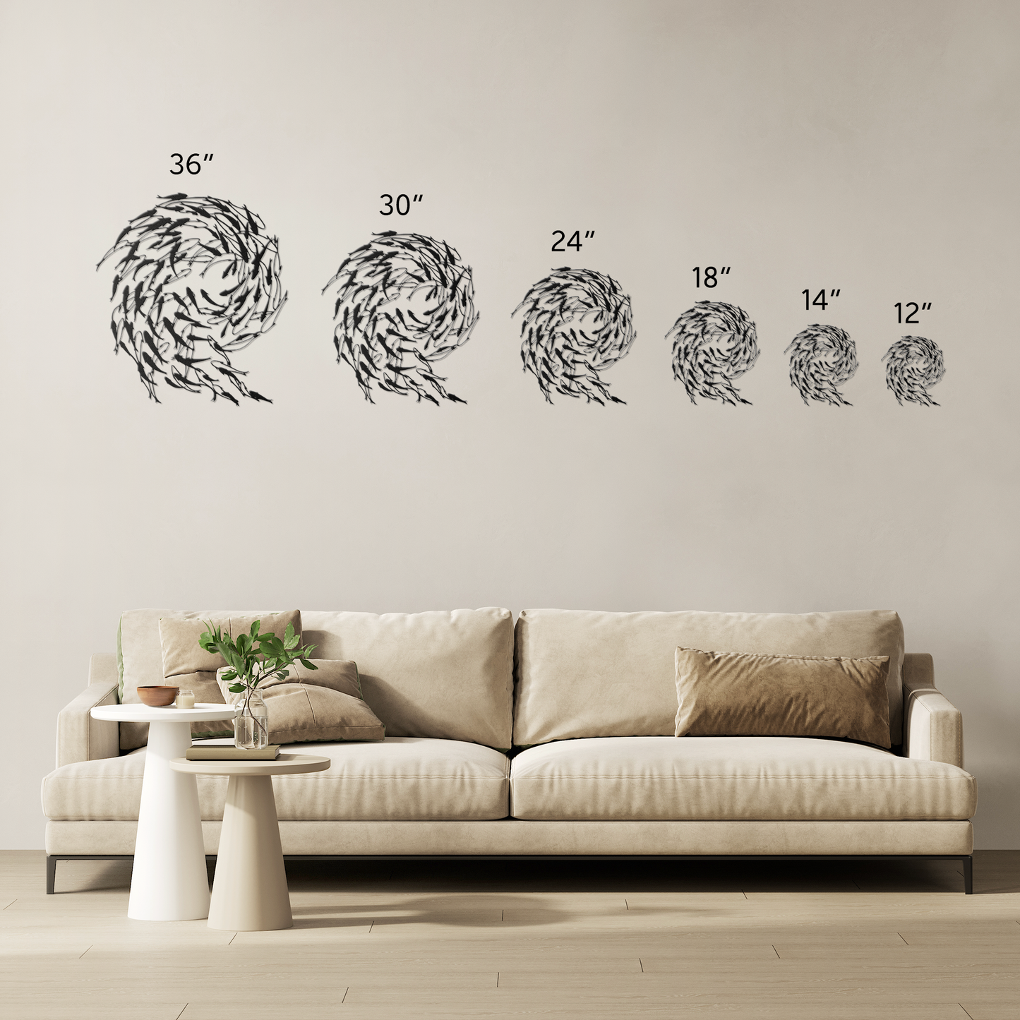 Nautical wall art flock of fish metal sign displayed in coastal living room above a linen sofa — sea decor