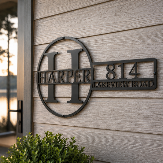 Custom monogram address sign — personalized family initial and house number in plasma-cut steel