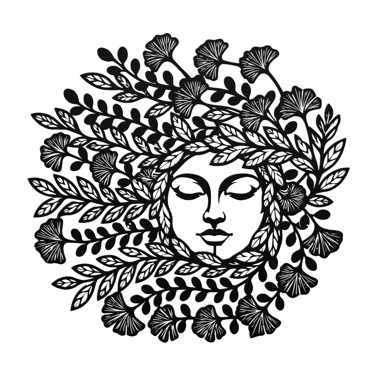 Mother Nature botanical goddess metal wall art in black — serene floral circle steel wall decor