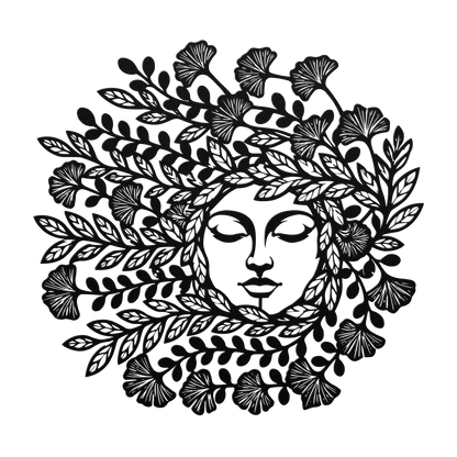 Mother Nature botanical goddess metal wall art in black — serene floral circle steel wall decor