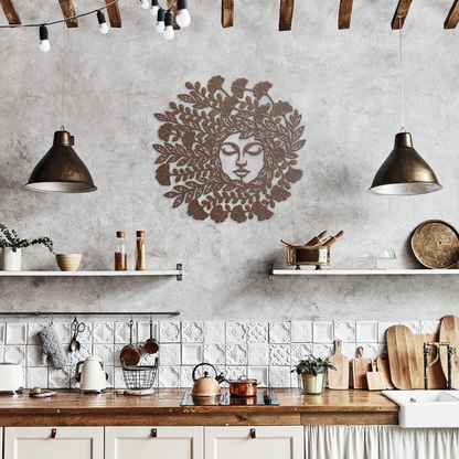Copper mother nature botanical goddess metal wall art in a rustic kitchen — steel wall decor