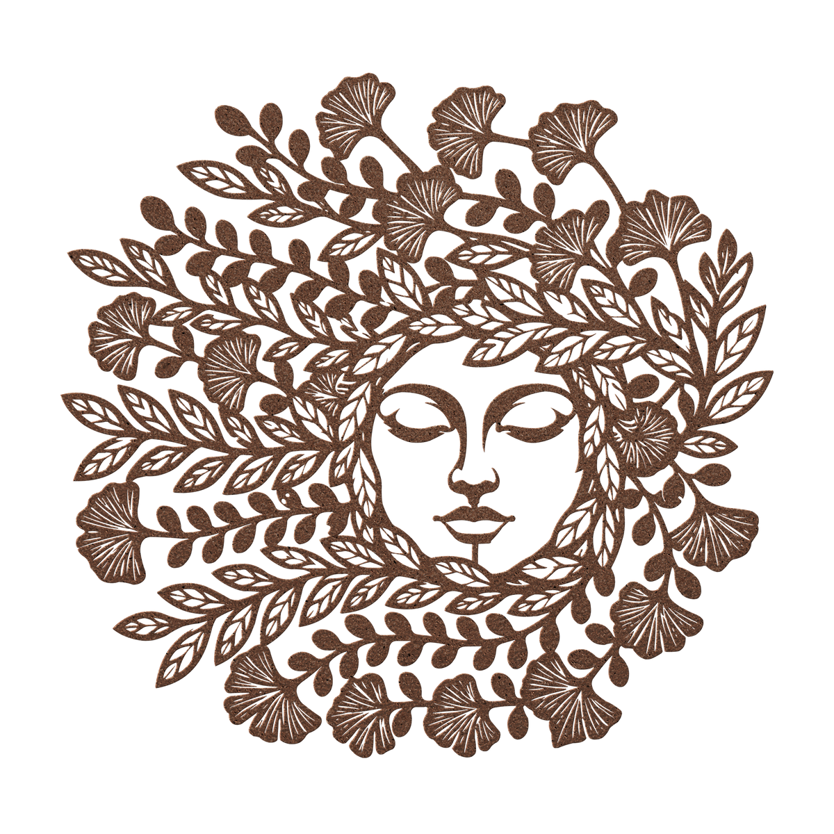 Mother Nature botanical goddess metal wall art in copper — serene floral circle steel wall decor
