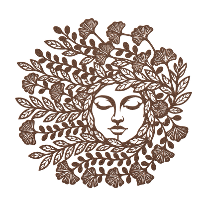 Mother Nature botanical goddess metal wall art in copper — serene floral circle steel wall decor