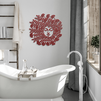 Red mother nature botanical goddess metal wall art in a modern room — steel wall decor