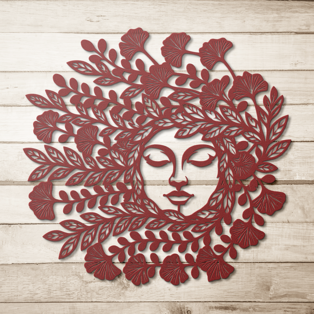 Red mother nature botanical goddess metal wall art on a wood background — steel wall decor