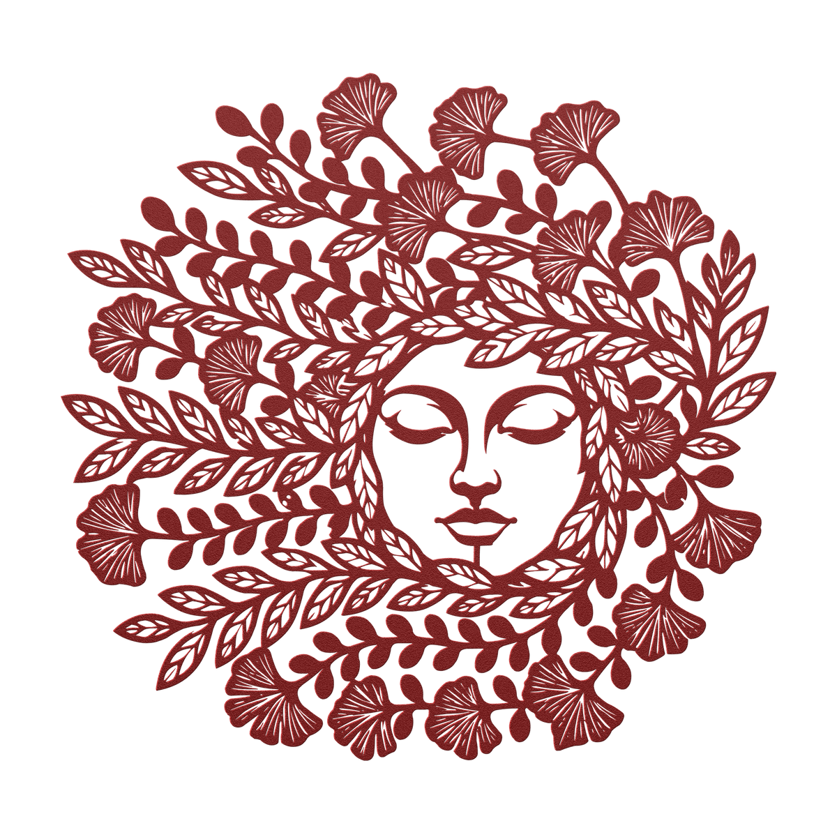 Mother Nature botanical goddess metal wall art in red — serene floral circle steel wall decor