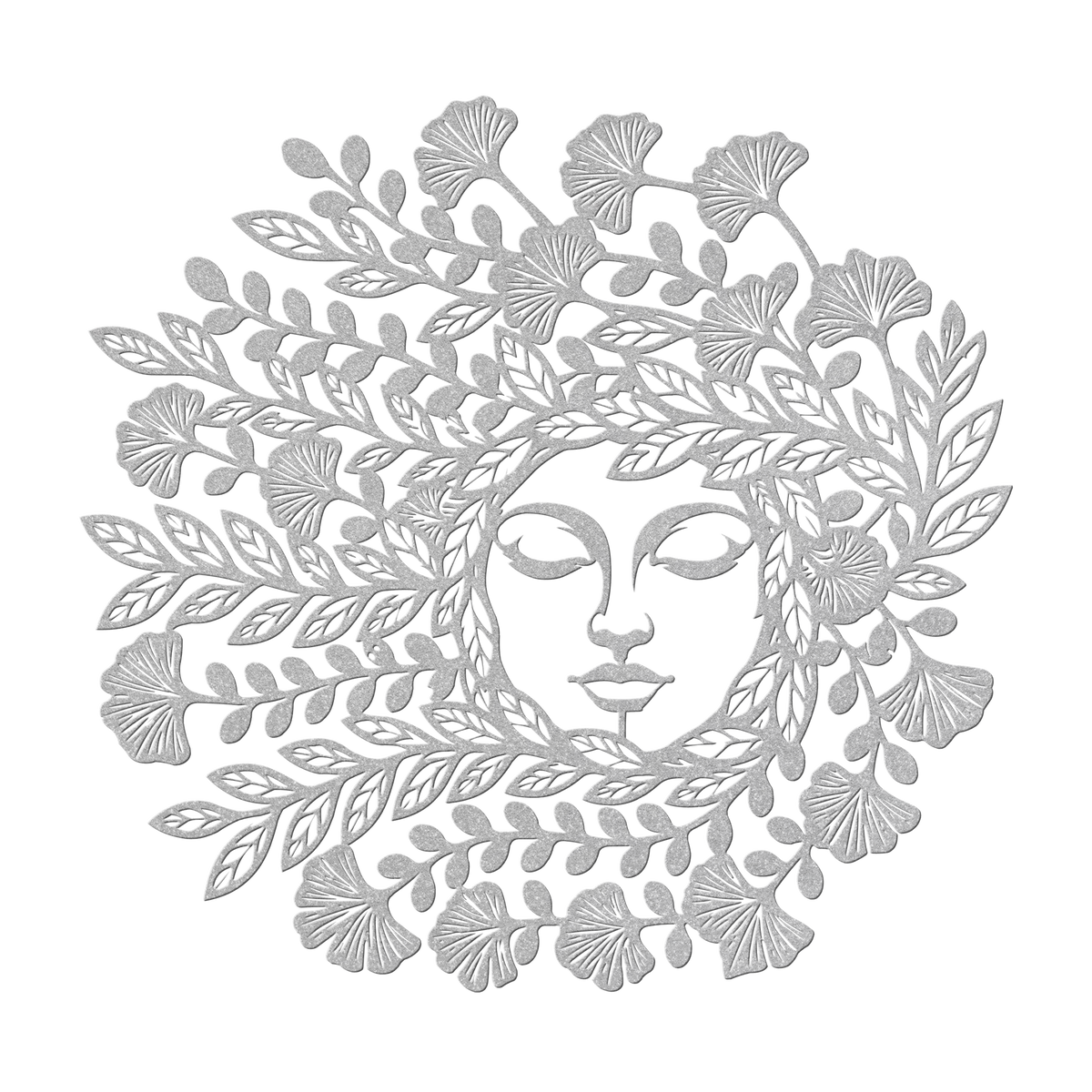 Mother Nature botanical goddess metal wall art in silver — serene floral circle steel wall decor