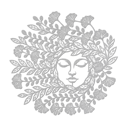 Mother Nature botanical goddess metal wall art in silver — serene floral circle steel wall decor