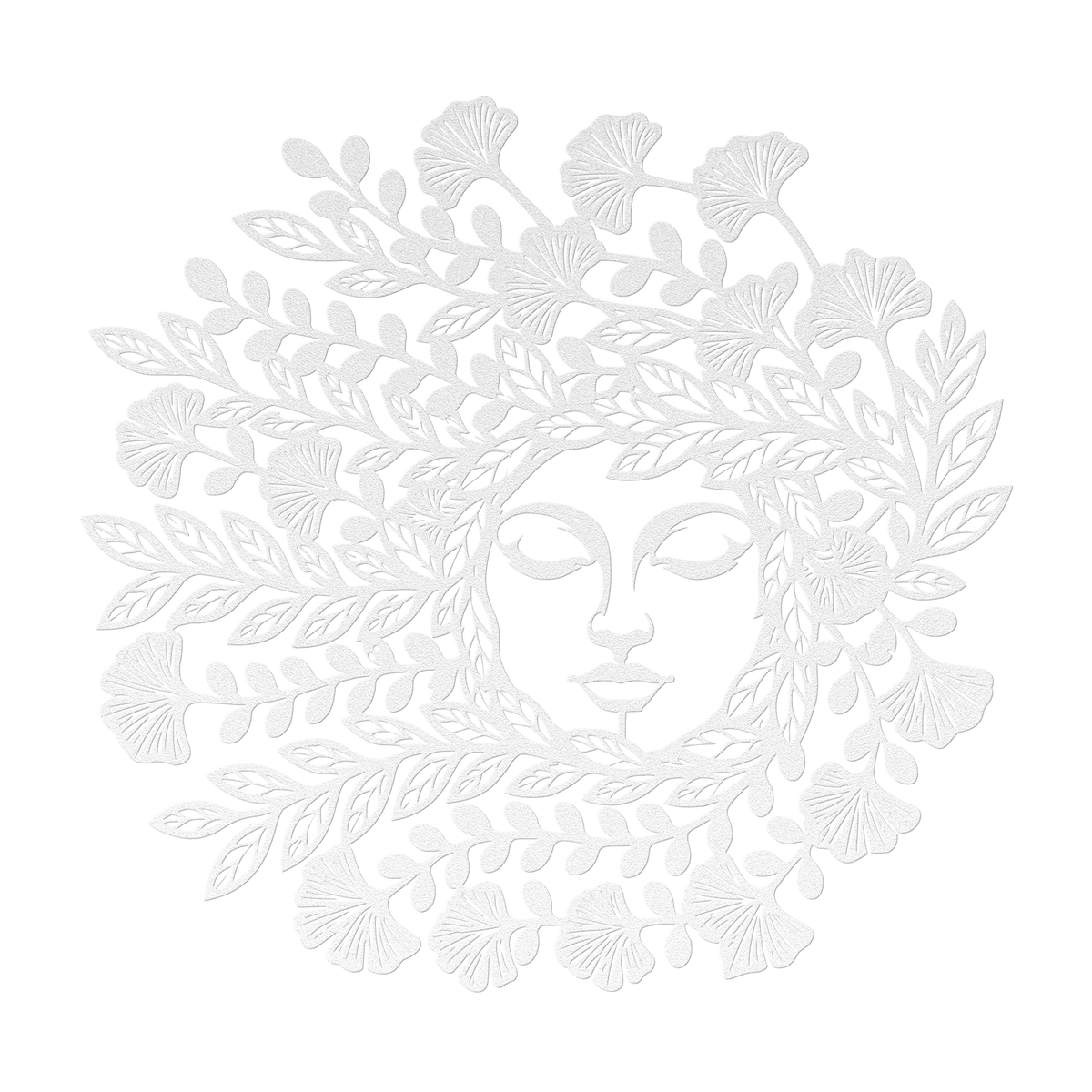 Mother Nature botanical goddess metal wall art in white — serene floral circle steel wall decor