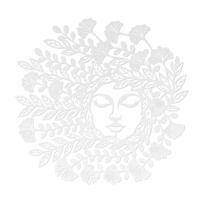 Mother Nature botanical goddess metal wall art in white — serene floral circle steel wall decor