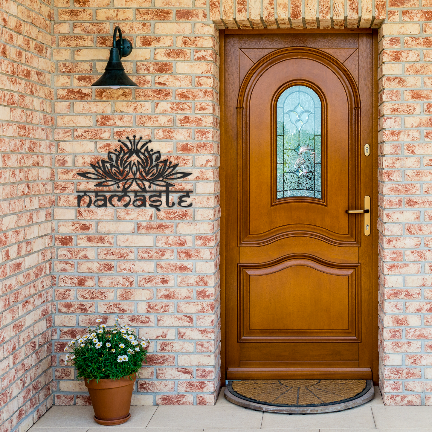 Namaste_Metal_Sign__Lotus_Flower_Wall_Black_Brick_Entrance_Mockup.png
