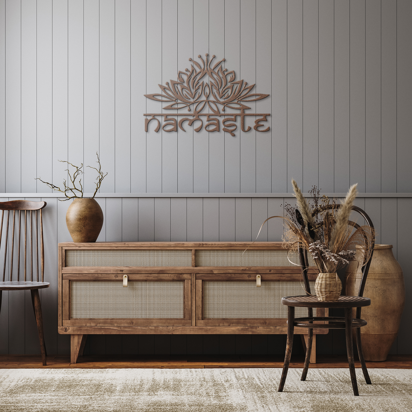 Namaste_Metal_Sign__Lotus_Flower_Wall_Copper_Rustic_Hallway_Mockup.png