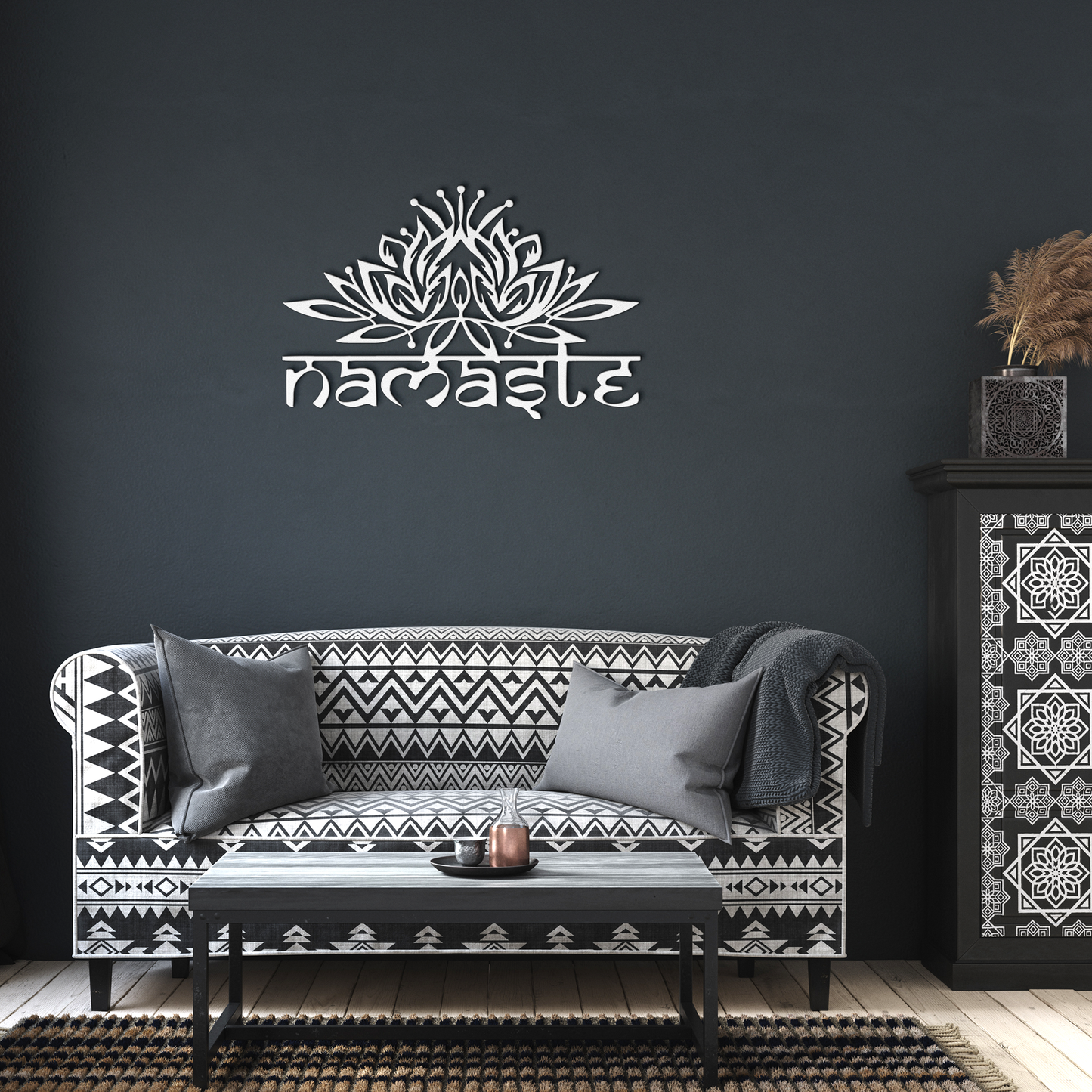 Namaste_Metal_Sign__Lotus_Flower_Wall_White_Dark_Living_Room_Mockup.png