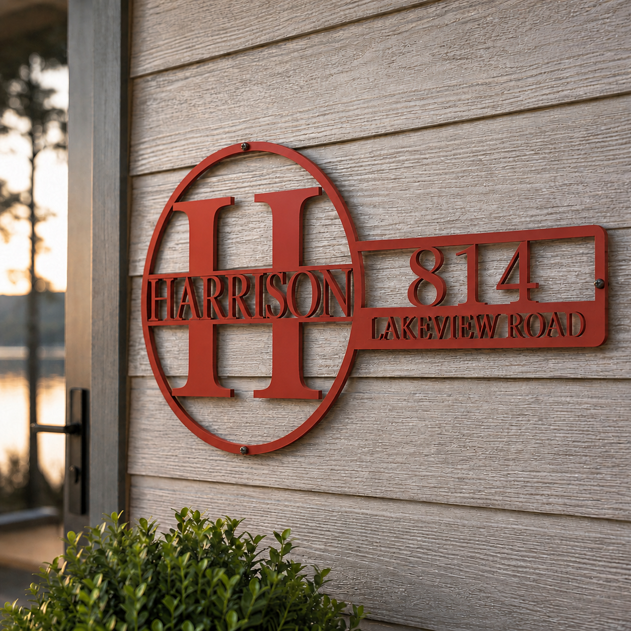 Personalized monogram address sign with family name and house number — plasma-cut steel wall art