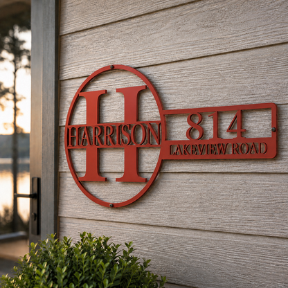 Personalized monogram address sign with family name and house number — plasma-cut steel wall art