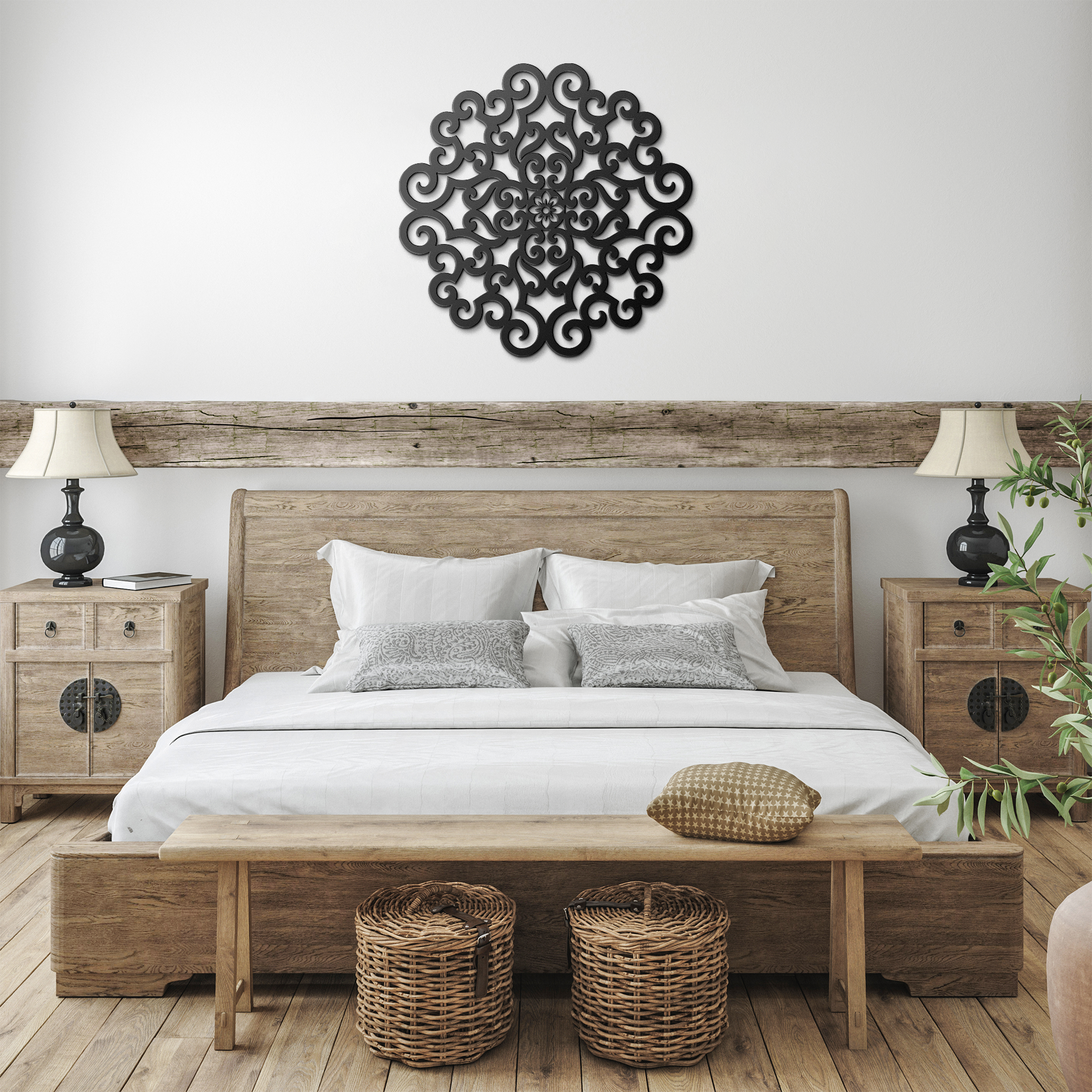 Black ornate scrollwork mandala metal wall art in a farmhouse room — steel wall decor