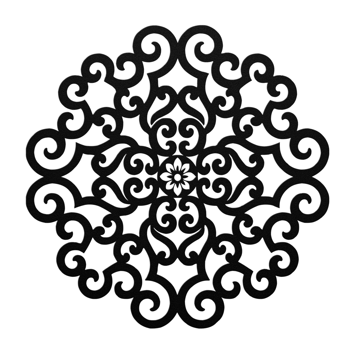 Ornate scrollwork mandala metal wall art in black — wrought-iron-style steel wall decor