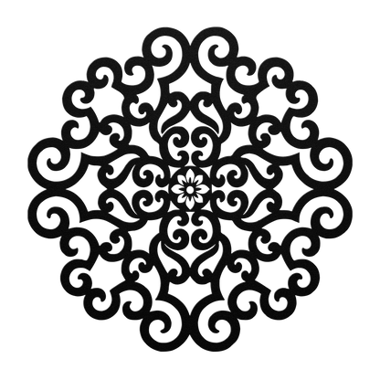 Ornate scrollwork mandala metal wall art in black — wrought-iron-style steel wall decor