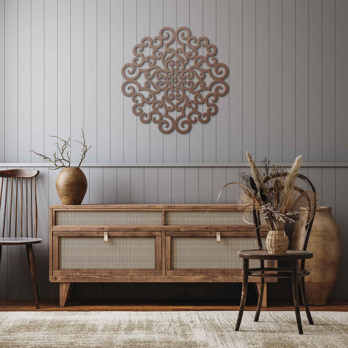 Copper ornate scrollwork mandala metal wall art in a rustic hallway — steel wall decor