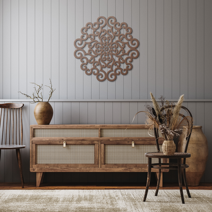 Copper ornate scrollwork mandala metal wall art in a rustic hallway — steel wall decor