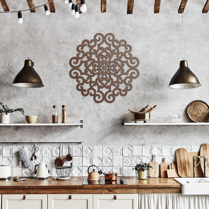 Copper ornate scrollwork mandala metal wall art in a rustic kitchen — steel wall decor