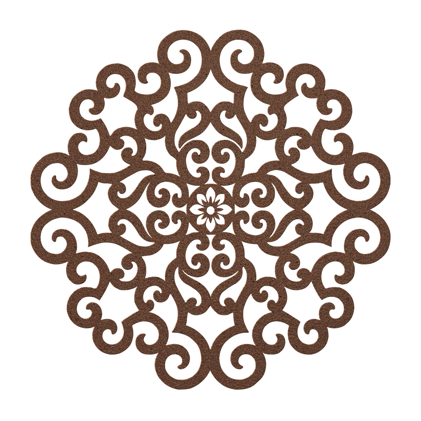 Ornate scrollwork mandala metal wall art in copper — wrought-iron-style steel wall decor