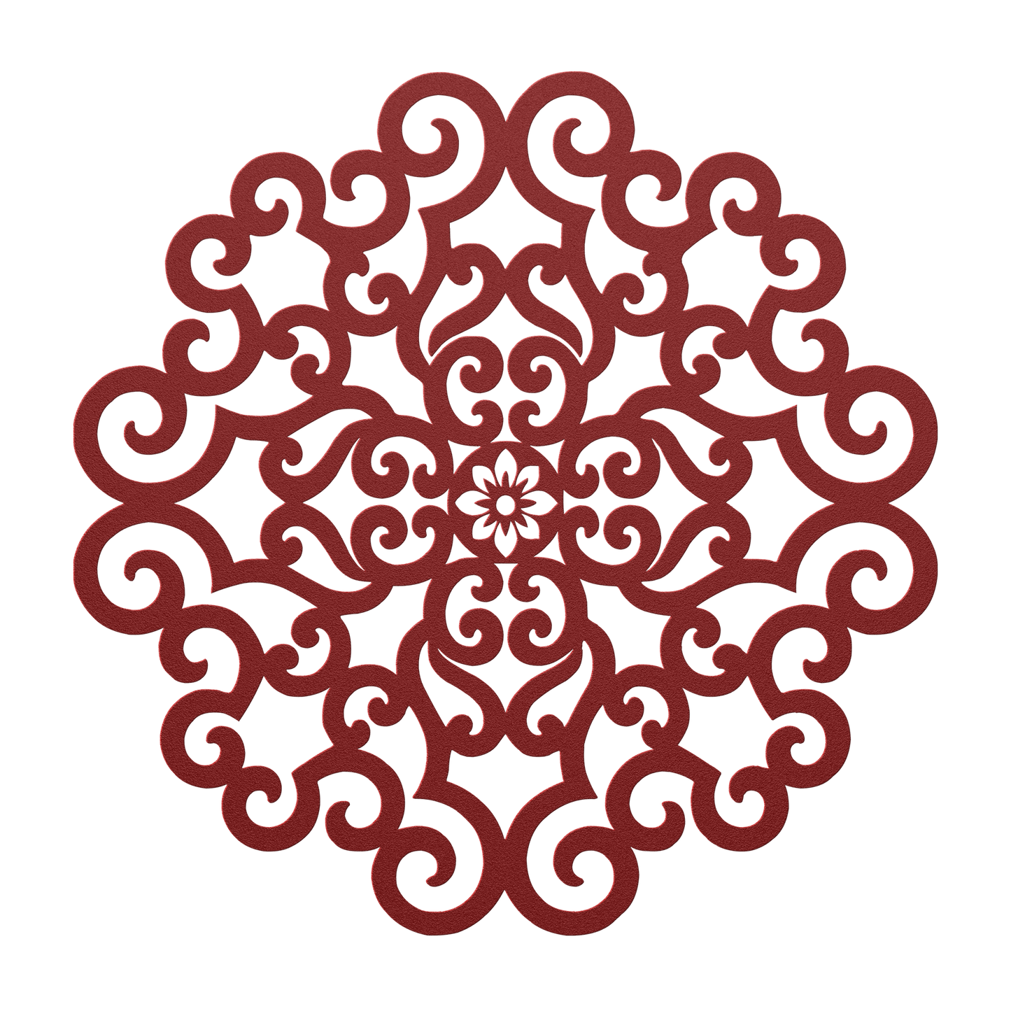 Ornate scrollwork mandala metal wall art in red — wrought-iron-style steel wall decor