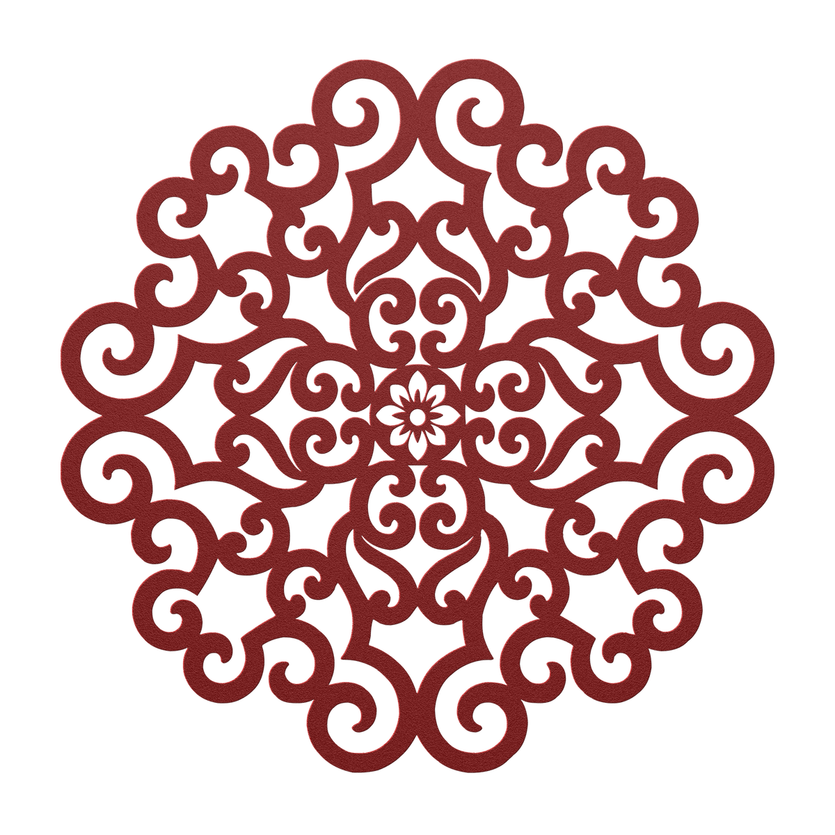 Ornate scrollwork mandala metal wall art in red — wrought-iron-style steel wall decor