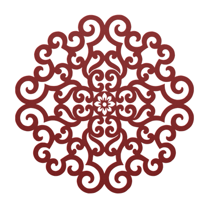 Ornate scrollwork mandala metal wall art in red — wrought-iron-style steel wall decor
