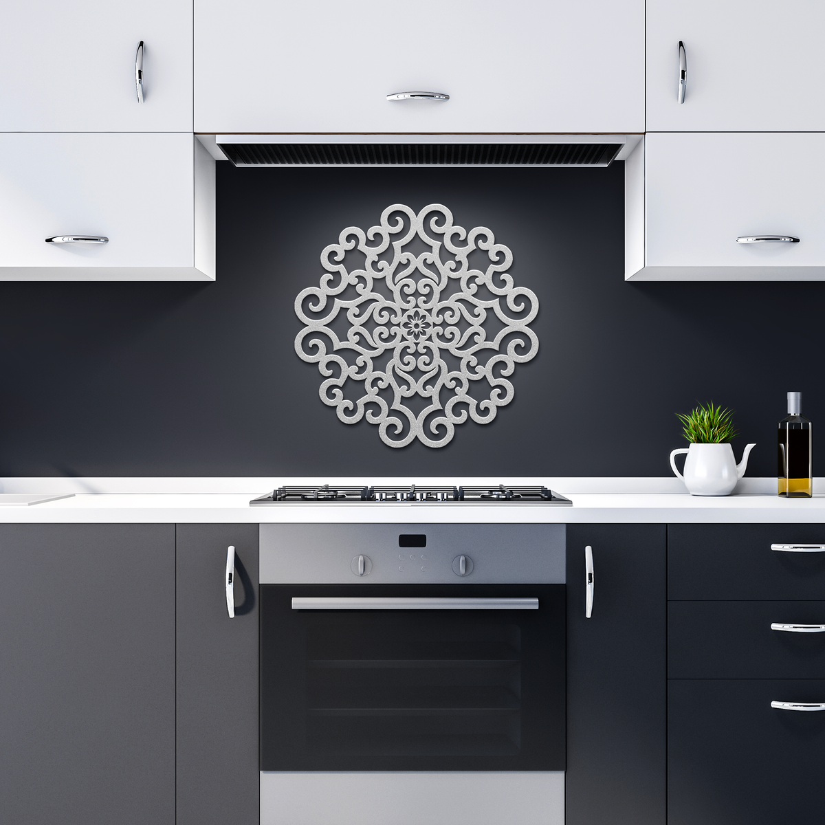 Silver ornate scrollwork mandala metal wall art in a dark kitchen — steel wall decor