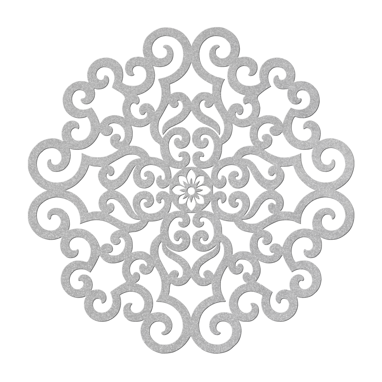 Ornate scrollwork mandala metal wall art in silver — wrought-iron-style steel wall decor