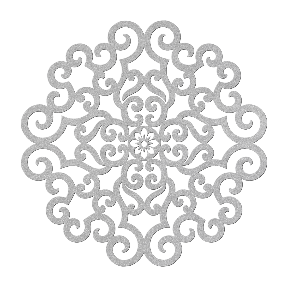 Ornate scrollwork mandala metal wall art in silver — wrought-iron-style steel wall decor