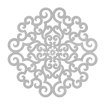 Ornate scrollwork mandala metal wall art in silver — wrought-iron-style steel wall decor