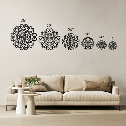 Ornate scrollwork mandala metal wall art size comparison — 12 to 36 inch options