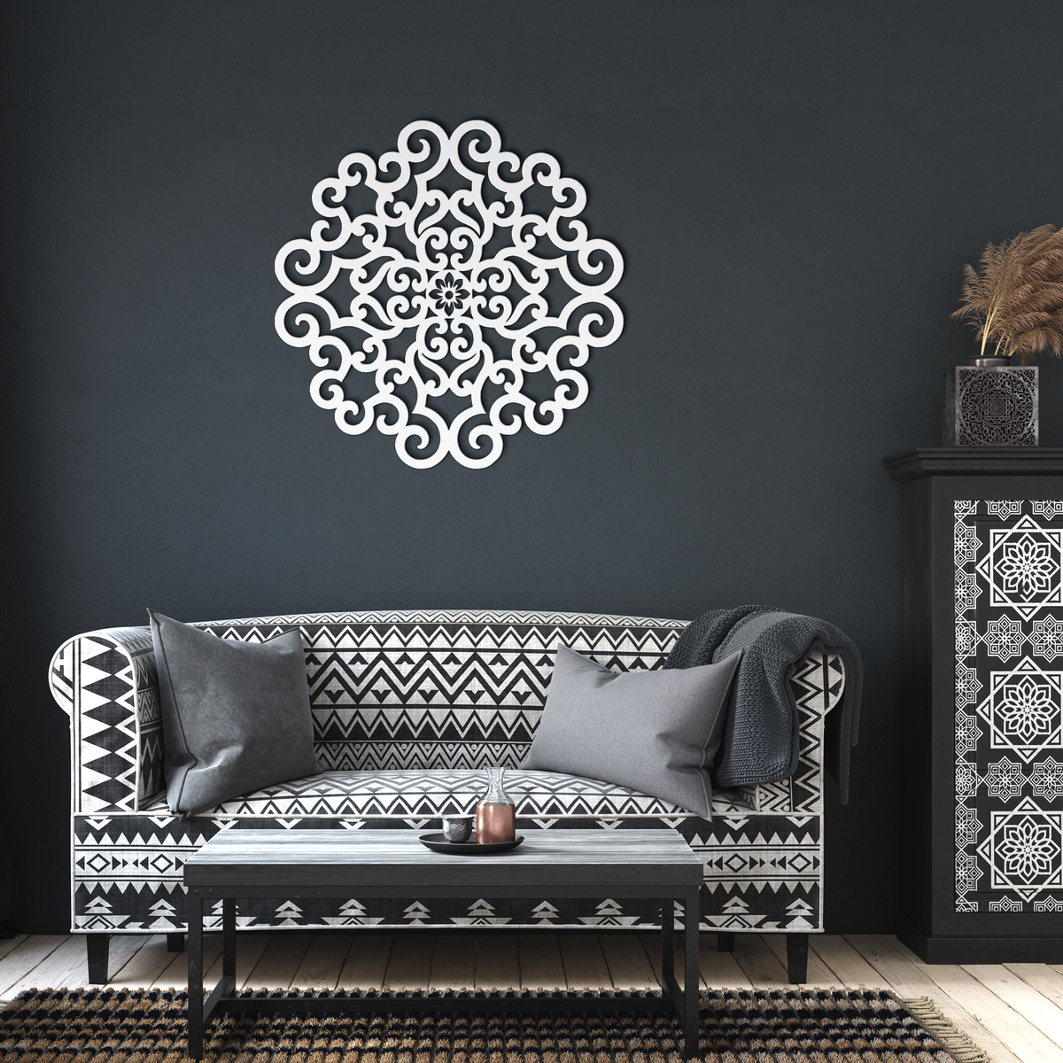 White ornate scrollwork mandala metal wall art in a living room — steel wall decor