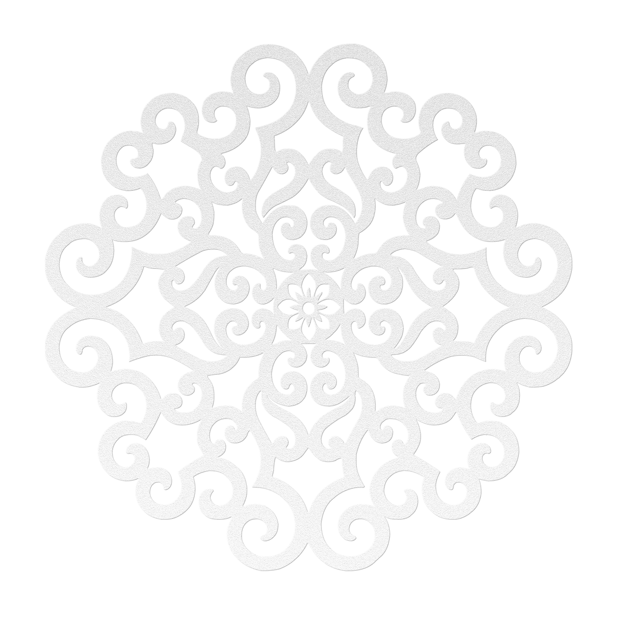 Ornate scrollwork mandala metal wall art in white — wrought-iron-style steel wall decor