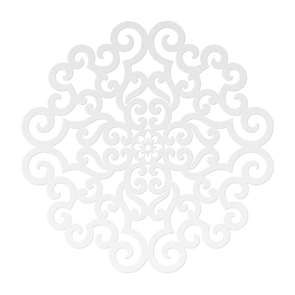 Ornate scrollwork mandala metal wall art in white — wrought-iron-style steel wall decor