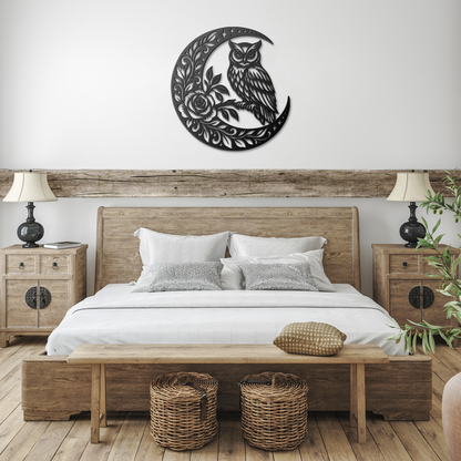 Black owl crescent moon metal wall art in a farmhouse room — steel wall decor