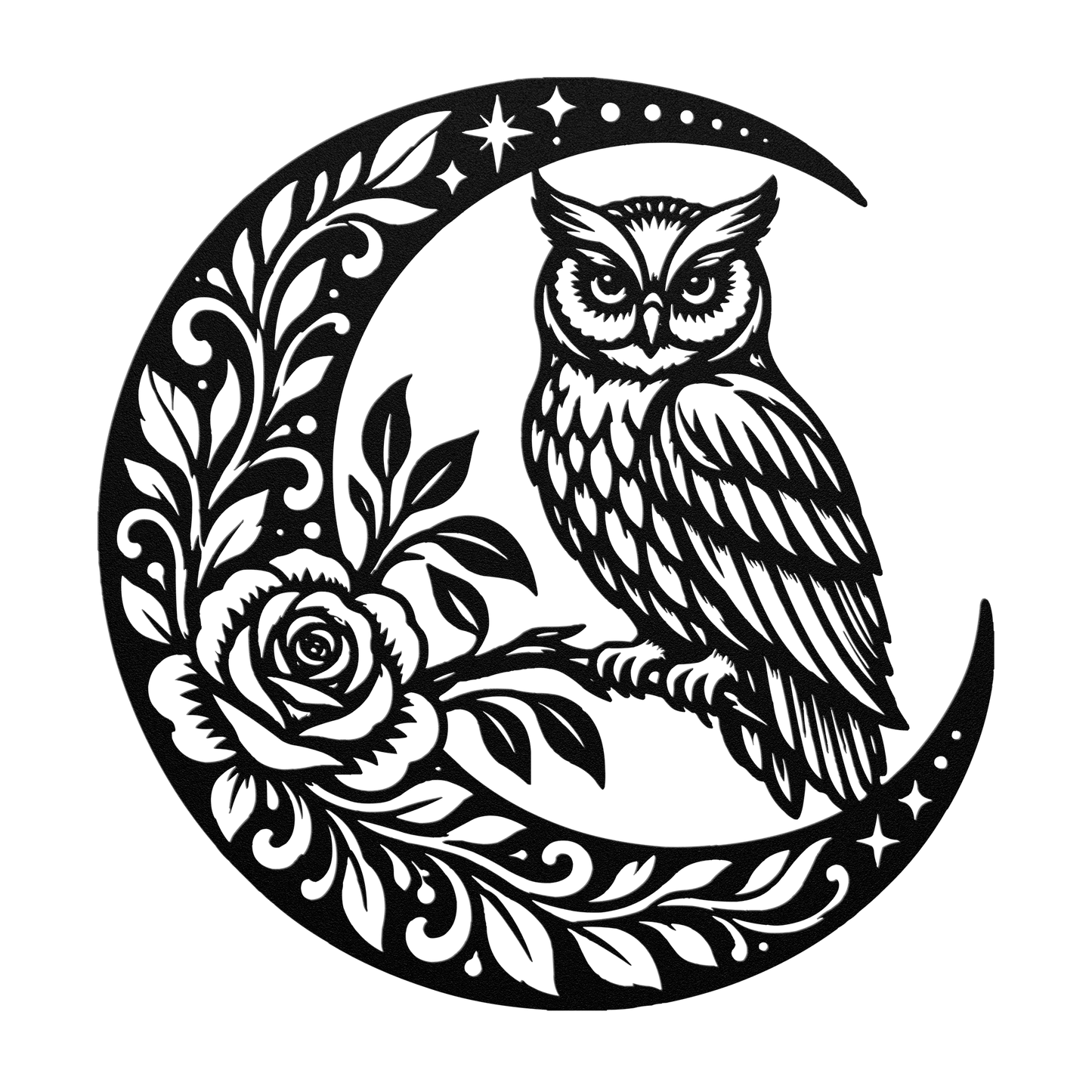 Owl crescent moon metal wall art in black — celestial rose botanical steel wall decor