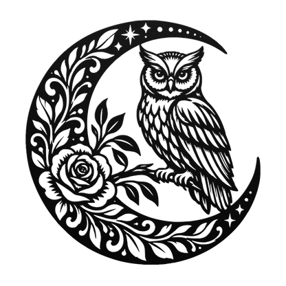 Owl crescent moon metal wall art in black — celestial rose botanical steel wall decor