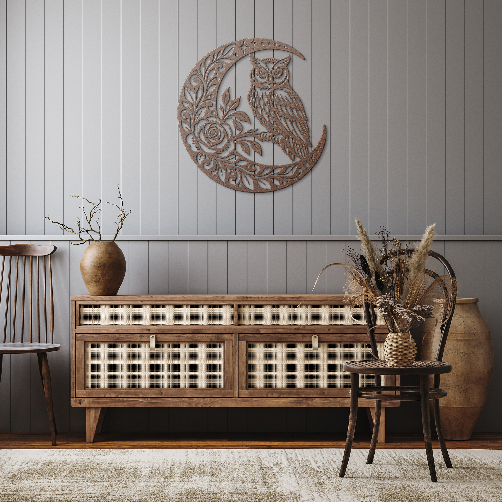 Copper owl crescent moon metal wall art in a rustic kitchen — steel wall decor