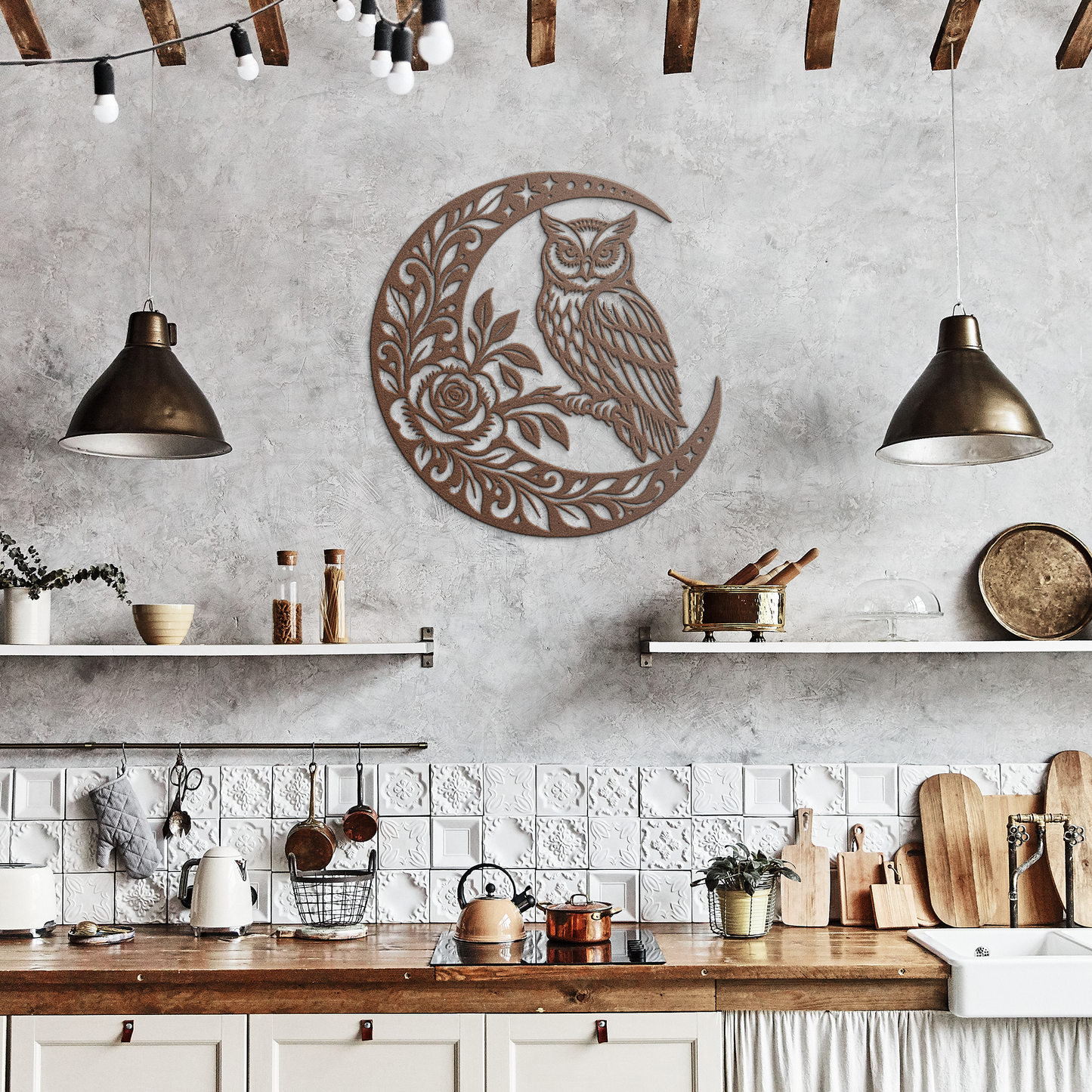 Copper owl crescent moon metal wall art in a rustic hallway — steel wall decor