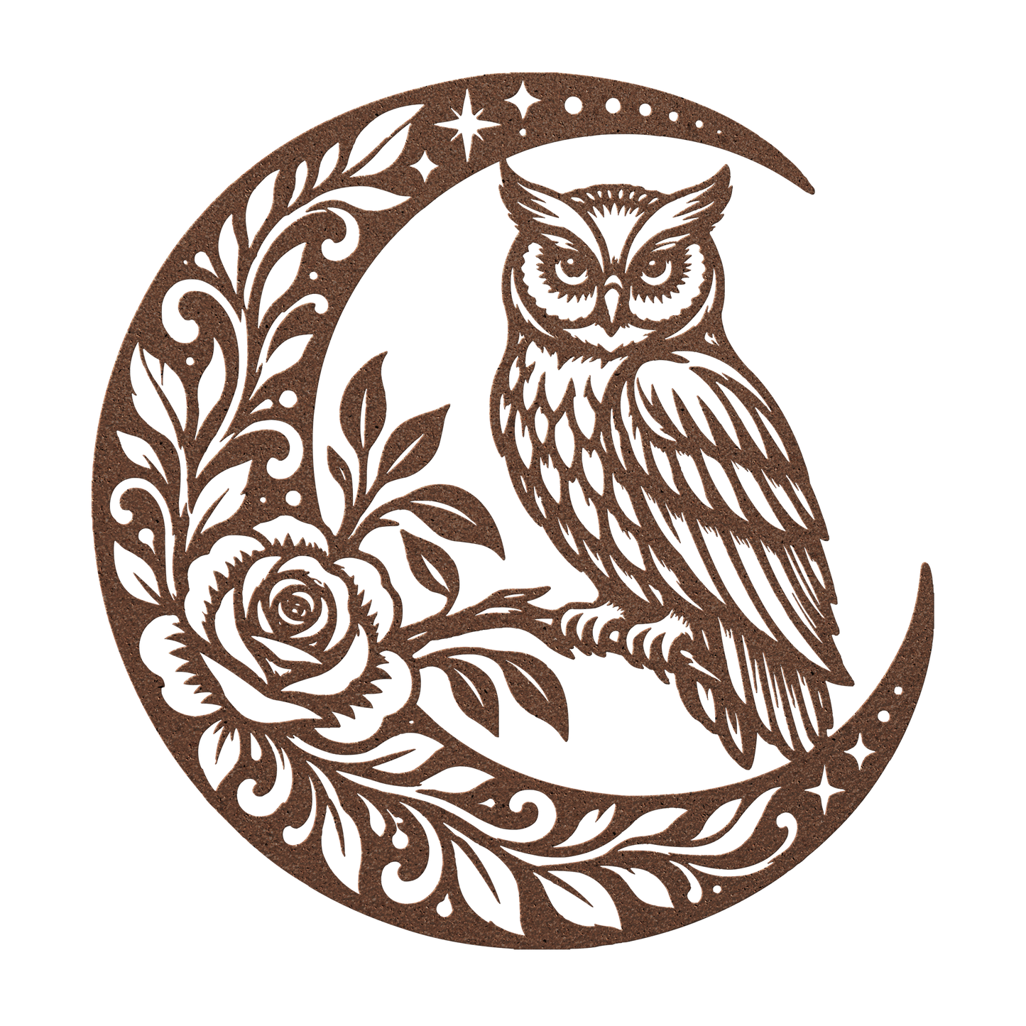 Owl crescent moon metal wall art in copper — celestial rose botanical steel wall decor